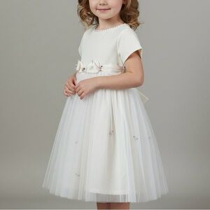 VTG Rose Cottage Elegant Vanilla Tulle Embellished Cap Sleeve Girls Dress SZ 5